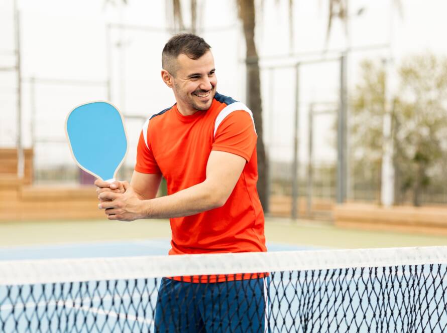 two handed pickleball player stance