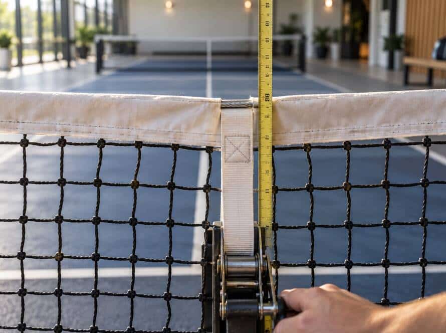 Close-up of a pickleball net center strap and a tape measure checking its regulation height on an indoor court