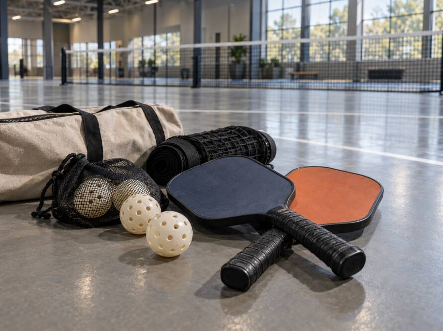 A pickleball set of two paddles, a mesh bag of balls, and a rolled net laid out on an indoor court apron in soft daylight.