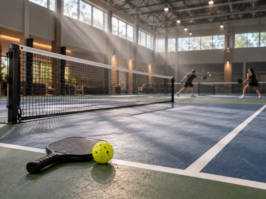 Wide view of an indoor pickleball court showing the non-volley zone kitchen line and net, with players rallying softly blurred in the background